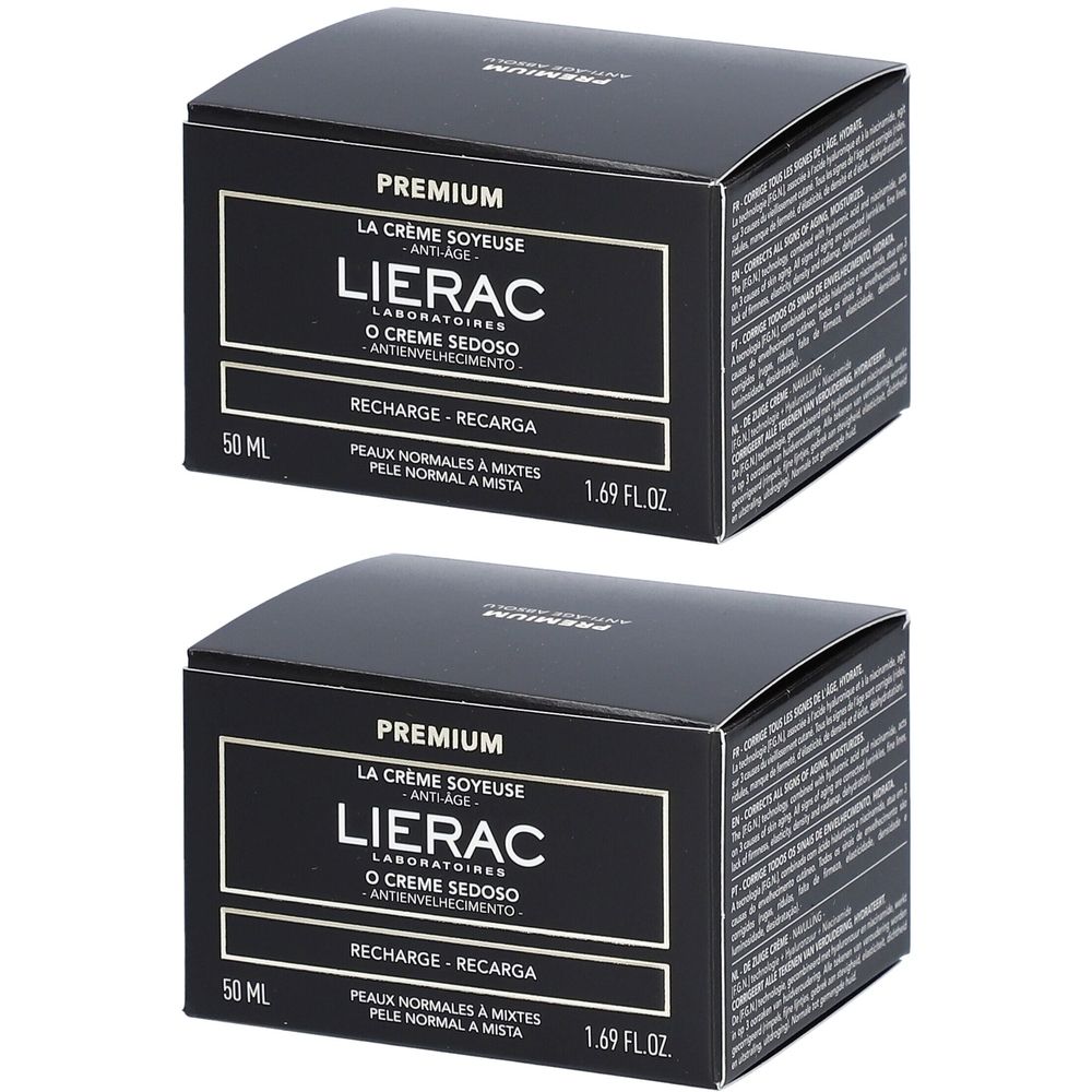 Twee zwarte dozen met productinformatie. Opschrift: LIERAC, Premium, La Crème Soyeuse. 50 ml.