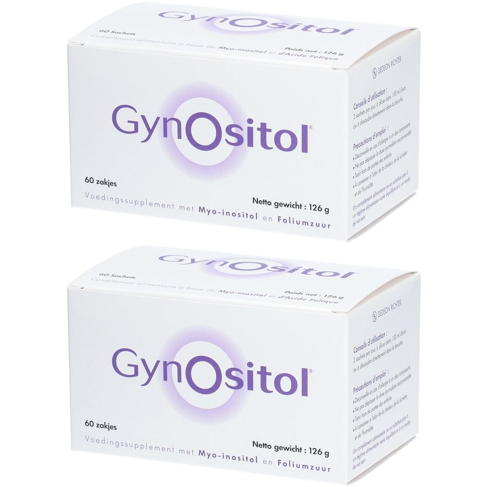 Twee witte dozen GynOsitol. Opschrift: 60 zakjes, nettogewicht 126 g. Bevat Myo-inositol en foliumzuur.