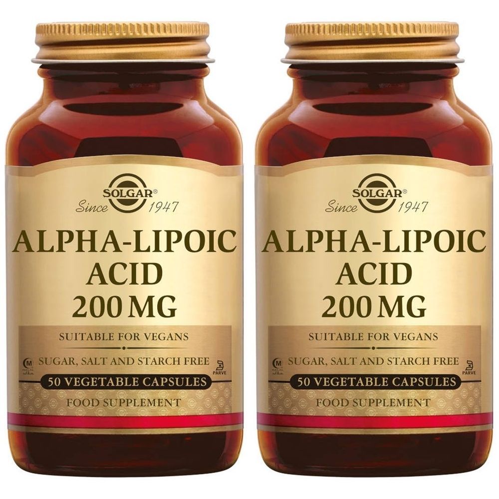 Twee flessen SOLGAR Alpha-Liponzuur 200 mg. Opschrift: "Geschikt voor veganisten", "Suiker-, zout- en zetmeelvrij", "50 plantaardige capsules".