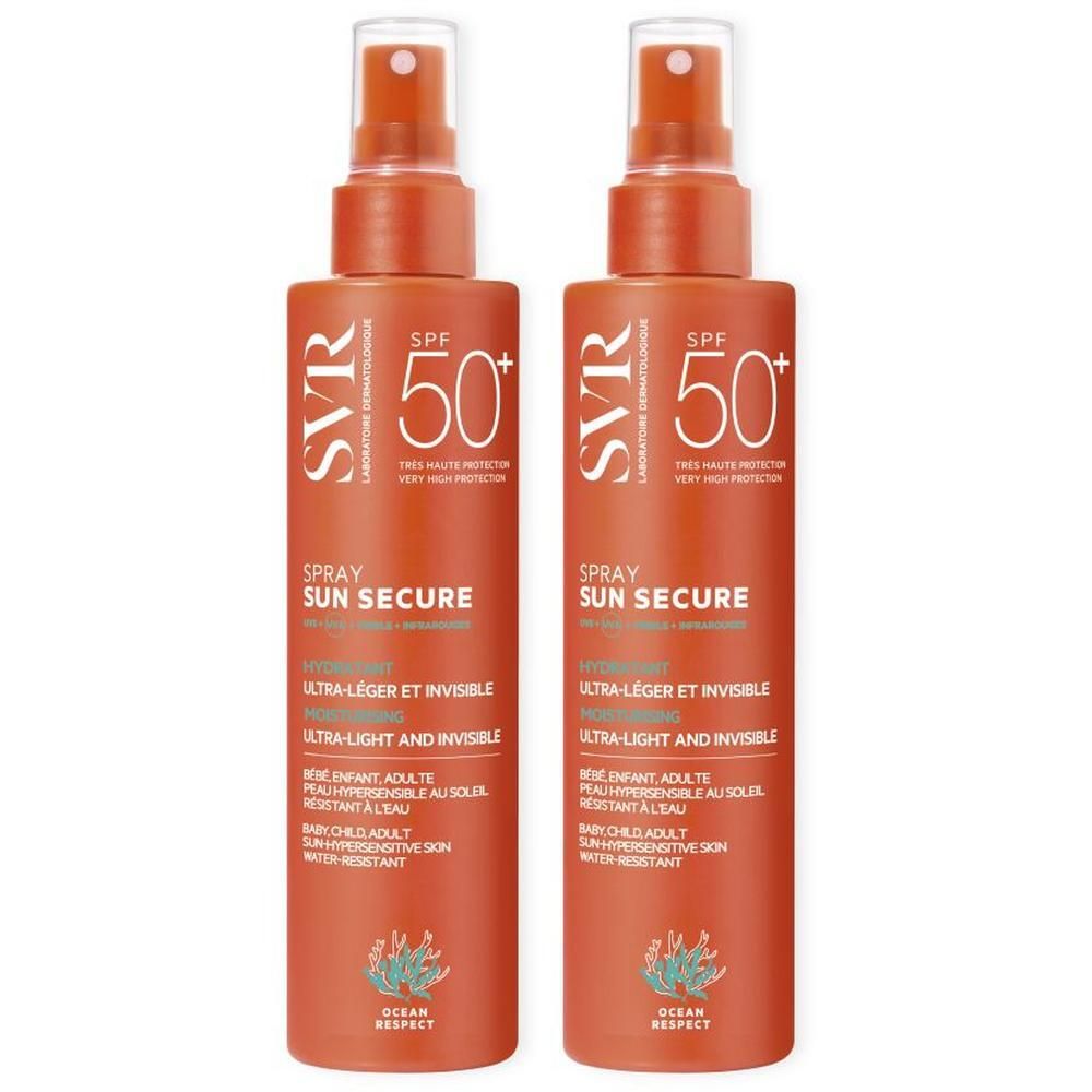 Twee oranje spuitflessen met witte tekst. Opschrift: SVR, SUN SECURE, SPF 50+.