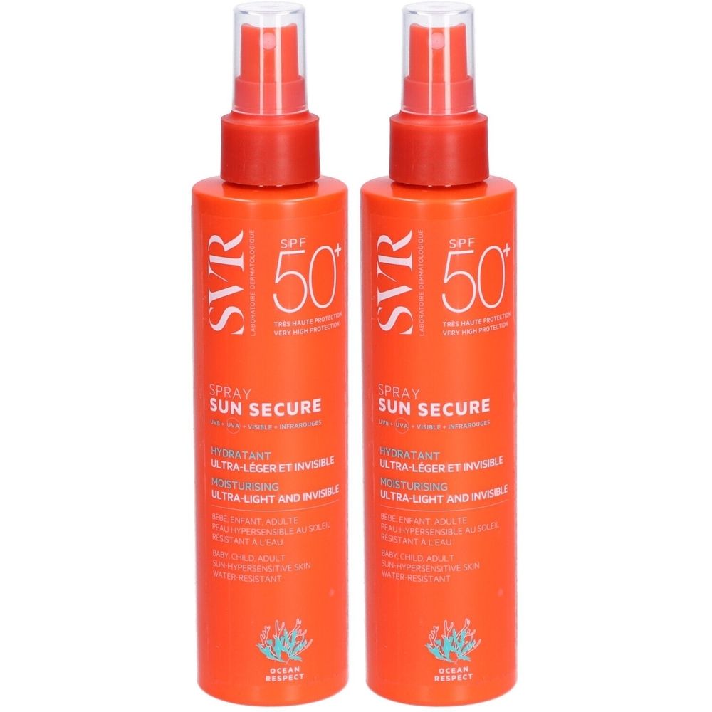 Deux flacons spray orange avec texte blanc. Inscription : SVR, SUN SECURE, SPF 50+.