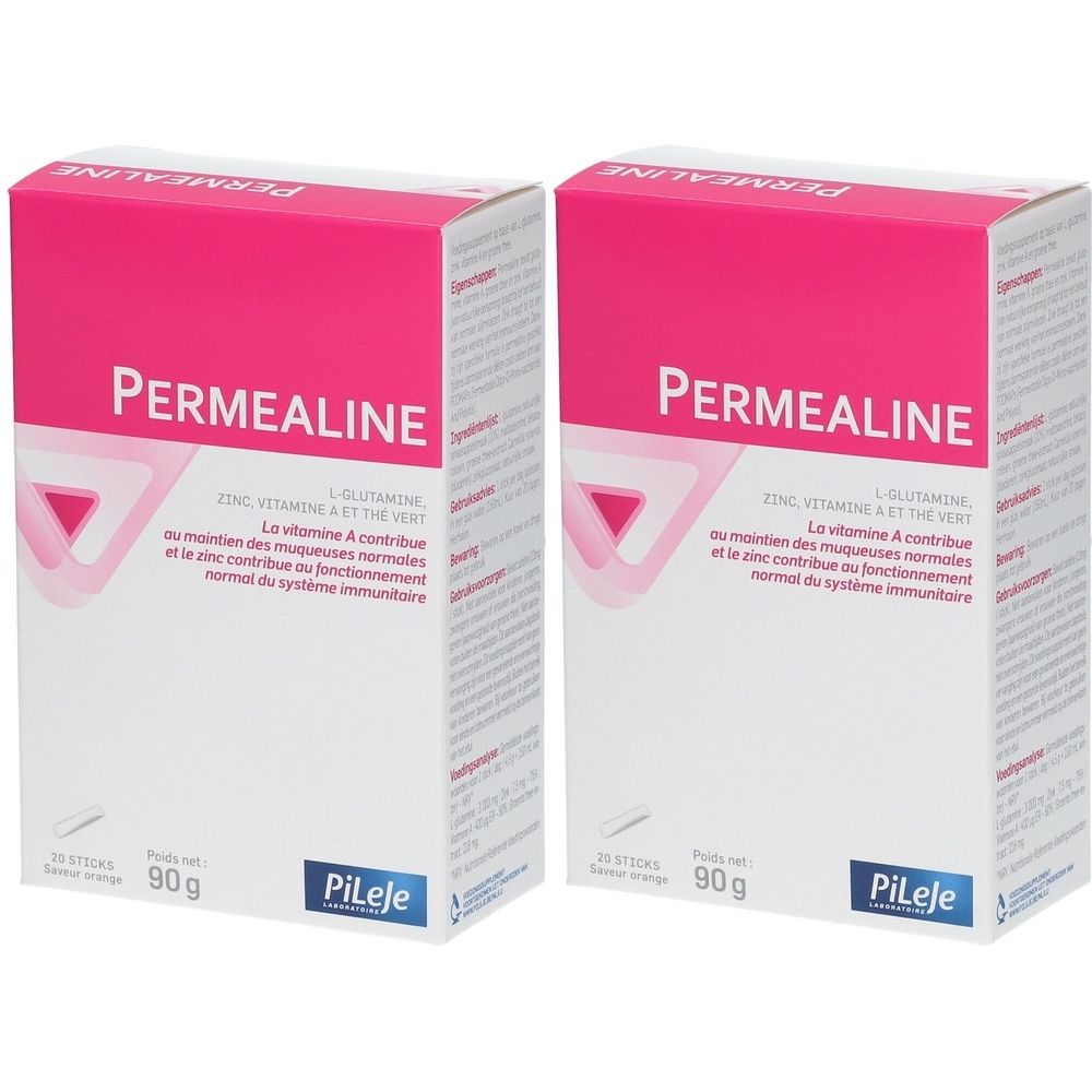 Twee dozen Permealine. Roze en witte verpakking met productnaam en ingrediënten. Merk Pileje rechtsonder.