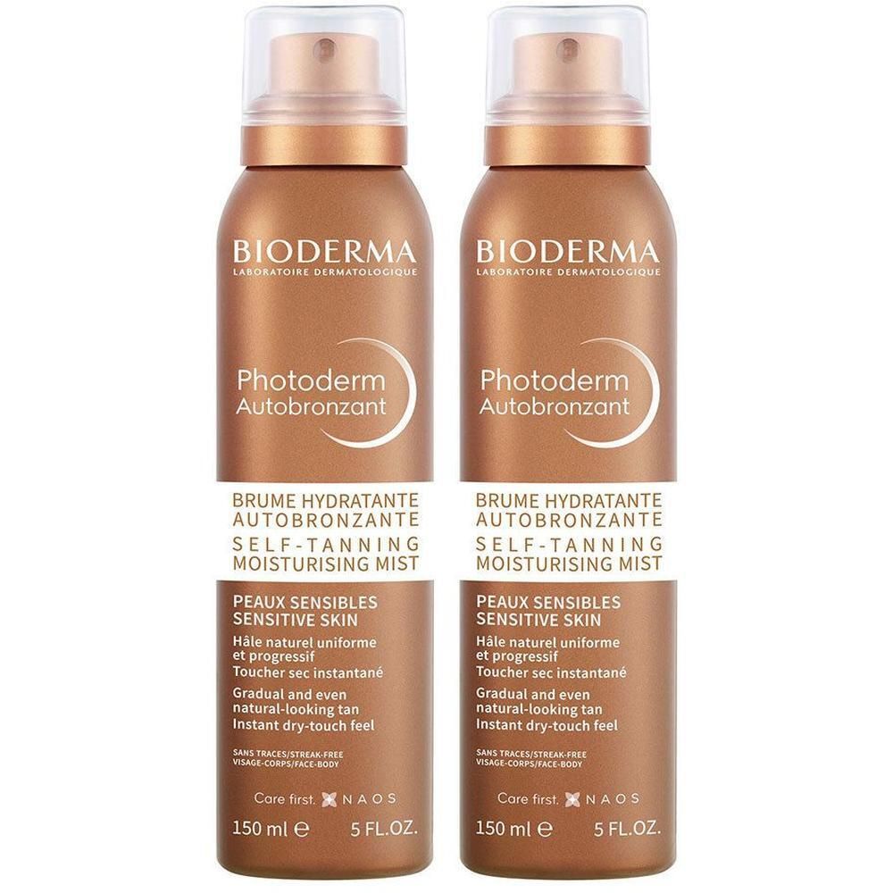 Deux flacons brume. Inscription: Bioderma Photoderm Autobronzant. Brume hydratante autobronzante. Peaux sensibles. 150 ml.