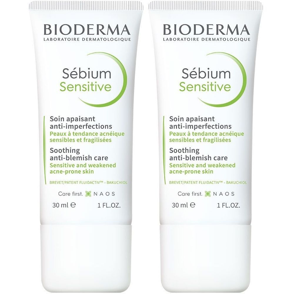Twee tubes Bioderma Sébium Sensitive. Wit, met groene tekst en cirkel. Tekst: Soin apaisant anti-imperfections.