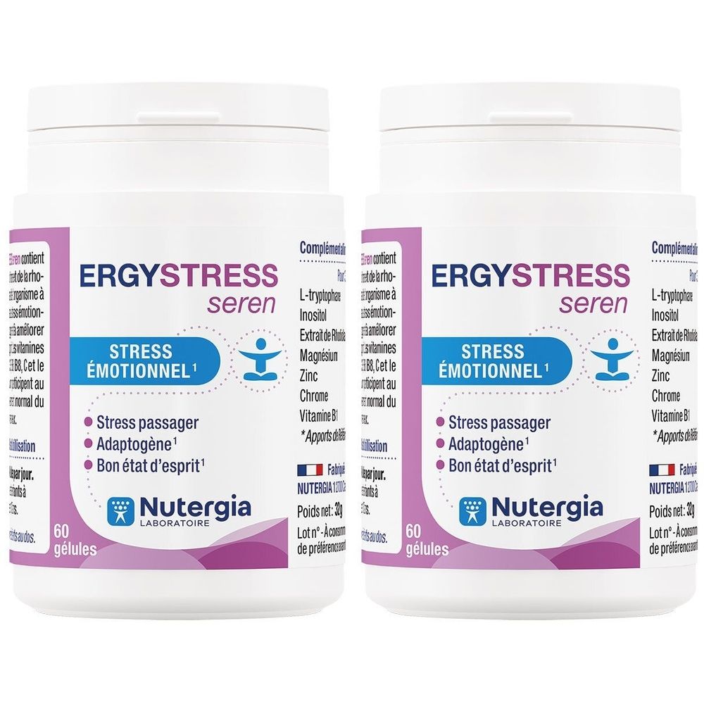 Twee witte flessen met paarse etiketten. Opschrift: ERGYSTRESS seren, STRESS ÉMOTIONNEL, Nutergia Laboratoire. 60 capsules.