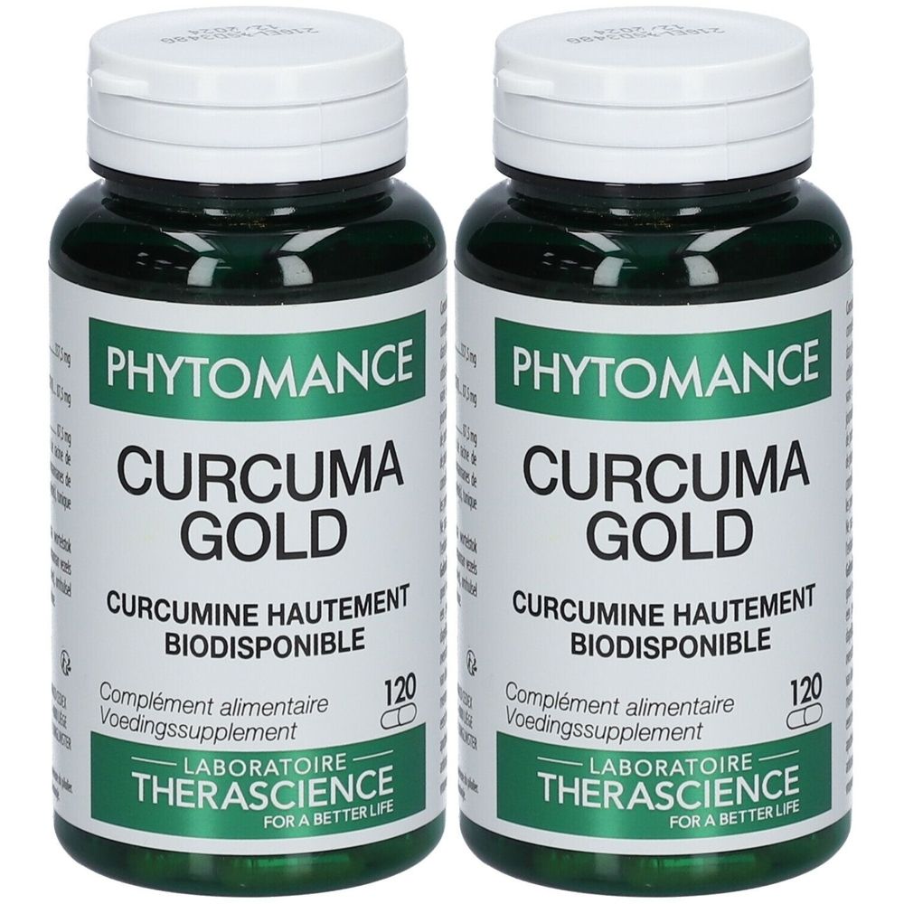 Twee groene flessen met witte doppen. Etiket: "PHYTOMANCE CURCUMA GOLD". Tekst: "CURCUMINE HAUTEMENT BIODISPONIBLE". Bevat 120 capsules.