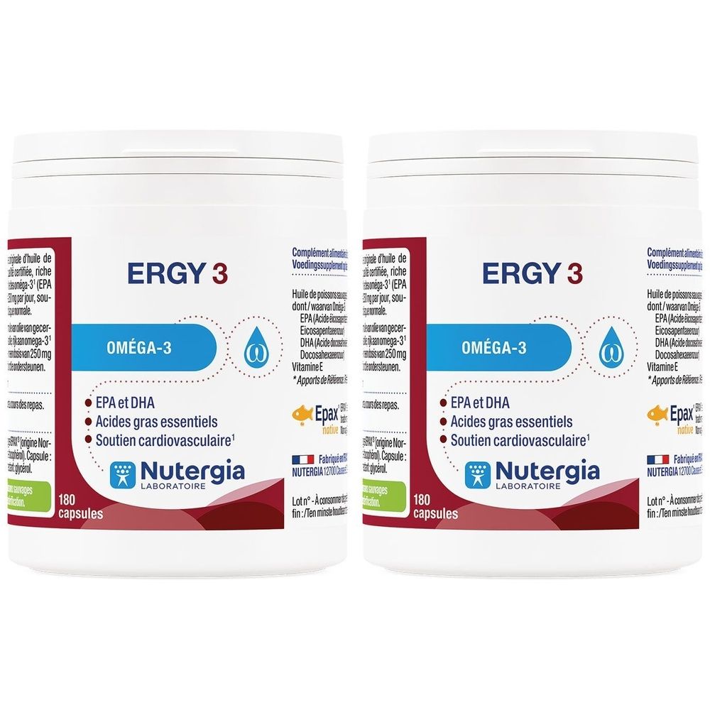 Twee witte potten met de tekst "ERGY 3" en "OMÉGA-3". Bevat "EPA et DHA" en "Acides gras essentiels". Bevat 180 capsules.