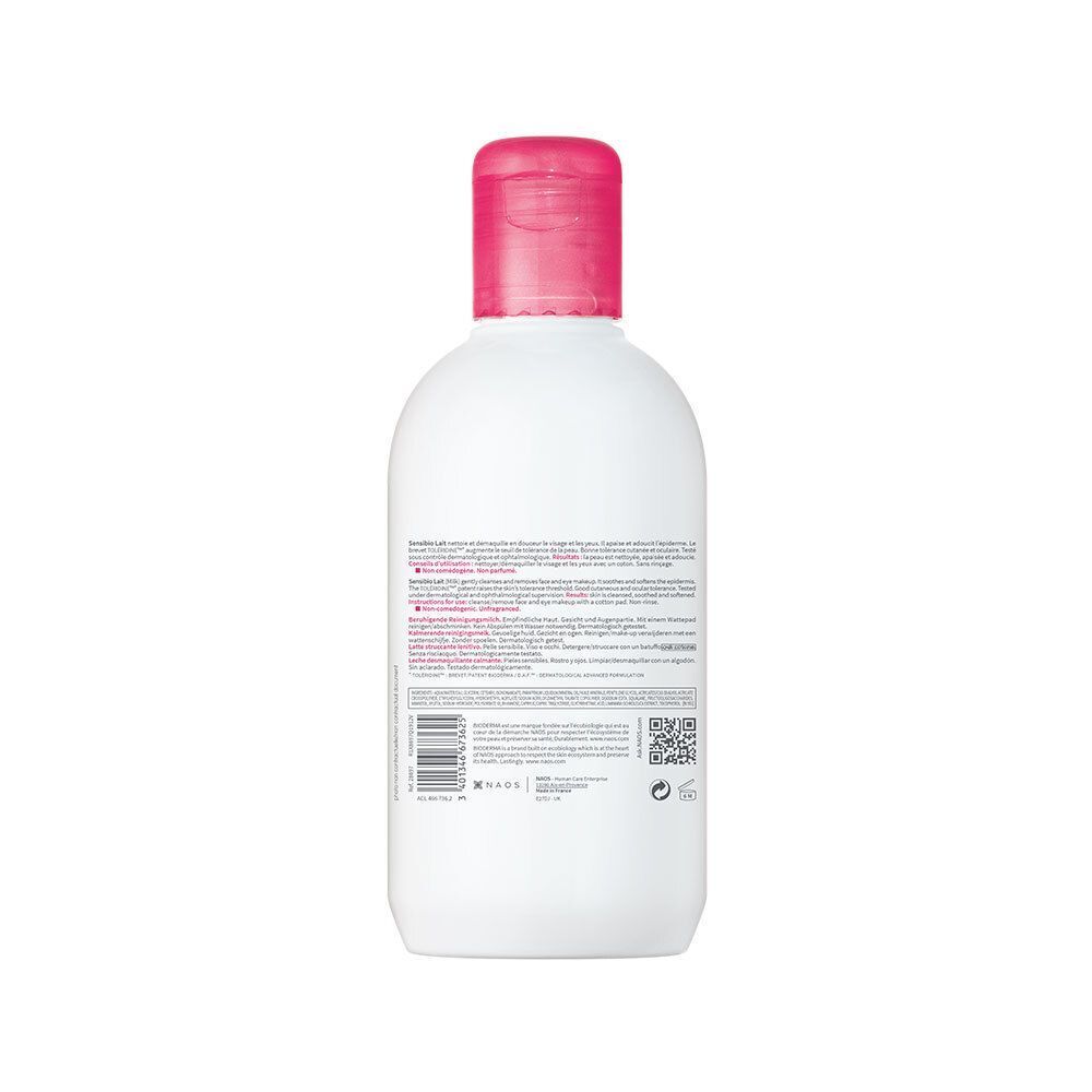 Dos d'un flacon Bioderma Sensibio Lait. Bouchon rose. Texte en plusieurs langues, dont le français.