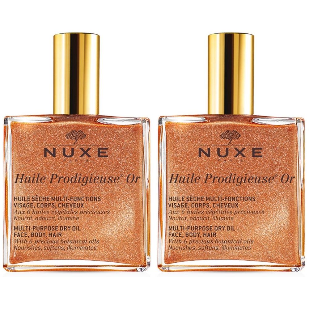 Twee flacons met goudkleurige olie. Opschrift: NUXE Huile Prodigieuse Or. Multi-purpose dry oil voor gezicht, lichaam, haar.