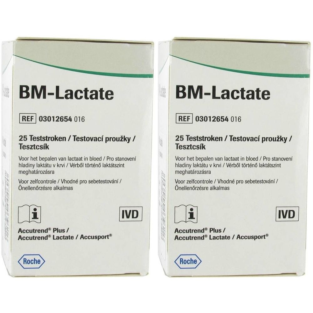 Deux boîtes de bandelettes BM-Lactate. Inscription : 25 bandelettes, Accutrend Plus, Lactate, Accusport, Roche.