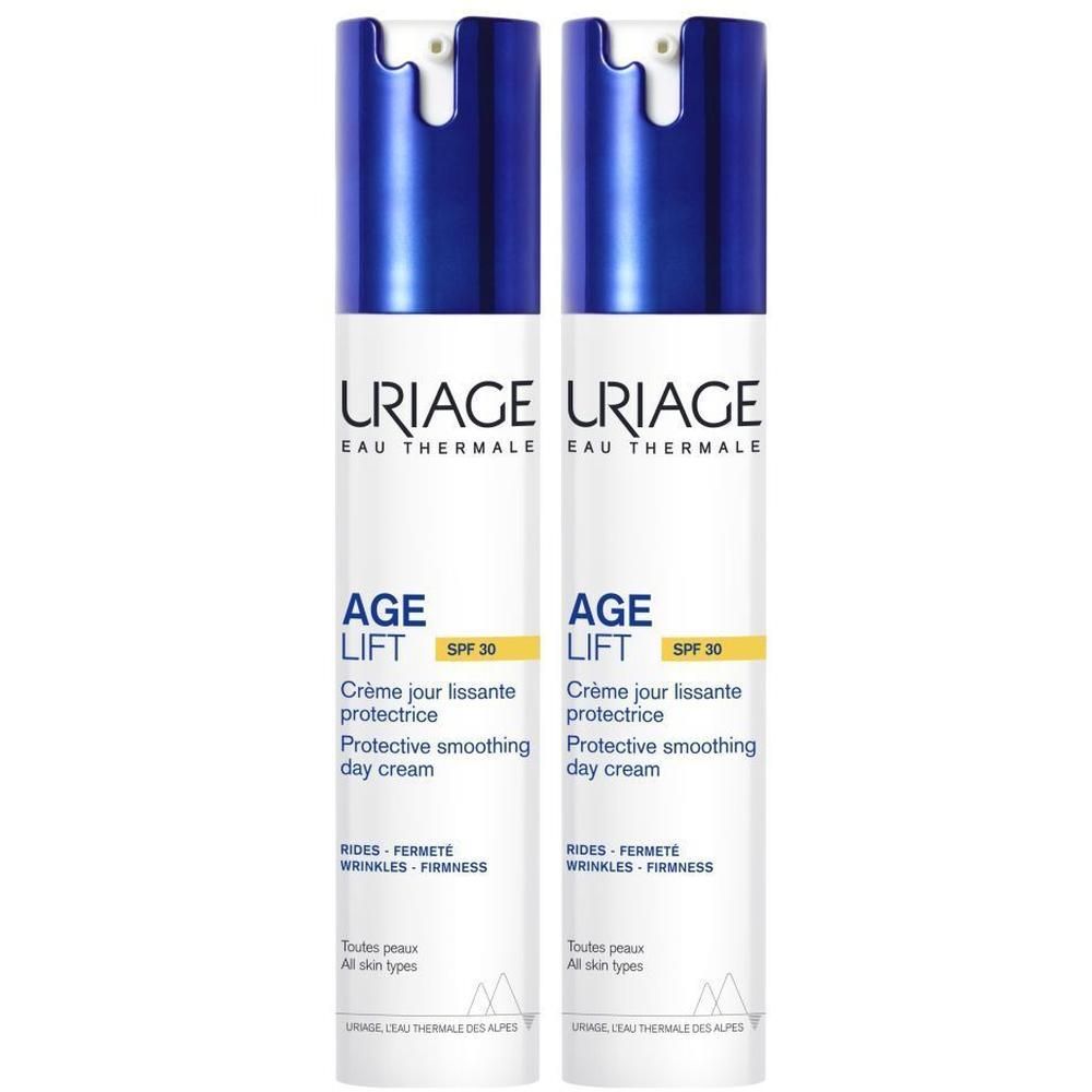 Twee flessen Uriage Age Lift dagcrème. Wit etiket, blauwe dop. SPF30.