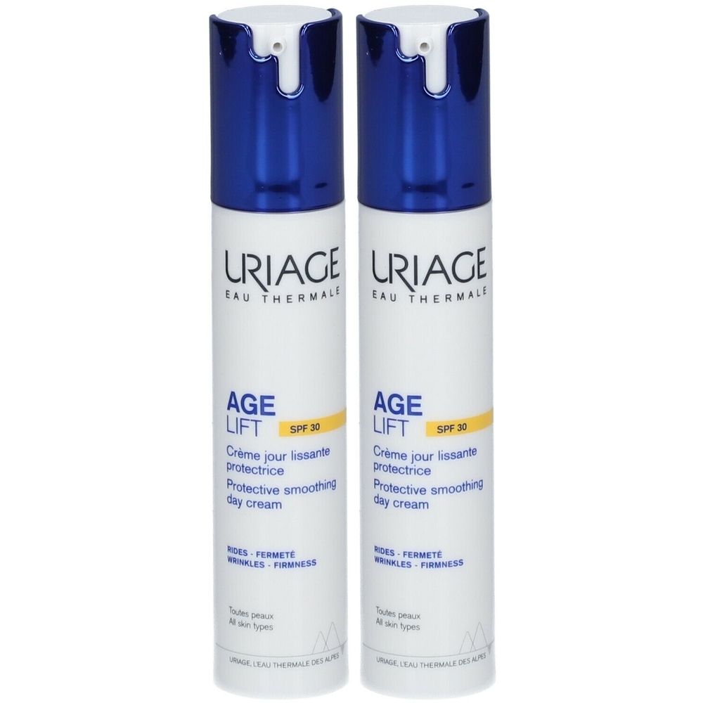 Deux flacons de crème de jour Uriage Age Lift. Étiquette blanche, bouchon bleu. SPF30.