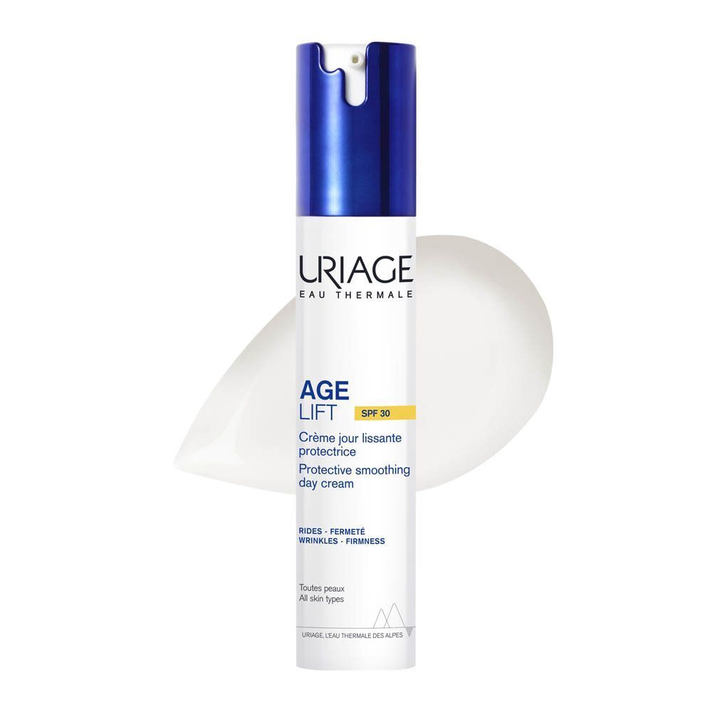Uriage Age Lift dagcrème, witte crème aangebracht op de huid. SPF30.