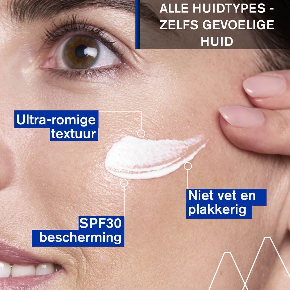 Gezicht met crème. Tekst: ultra-romige textuur, niet vet, SPF30.