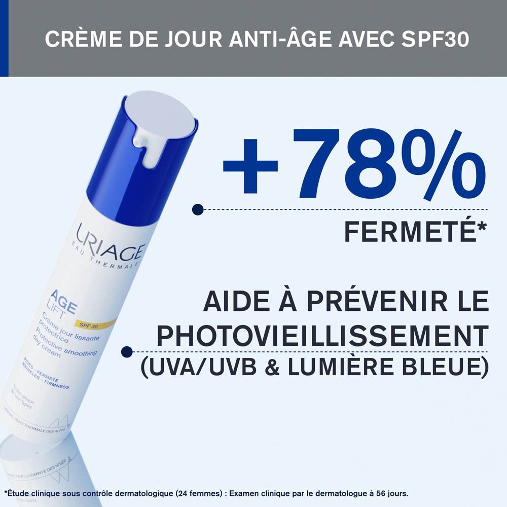Crème de jour Uriage Age Lift SPF30. Texte : +78% de fermeté, aide à prévenir le photovieillissement.