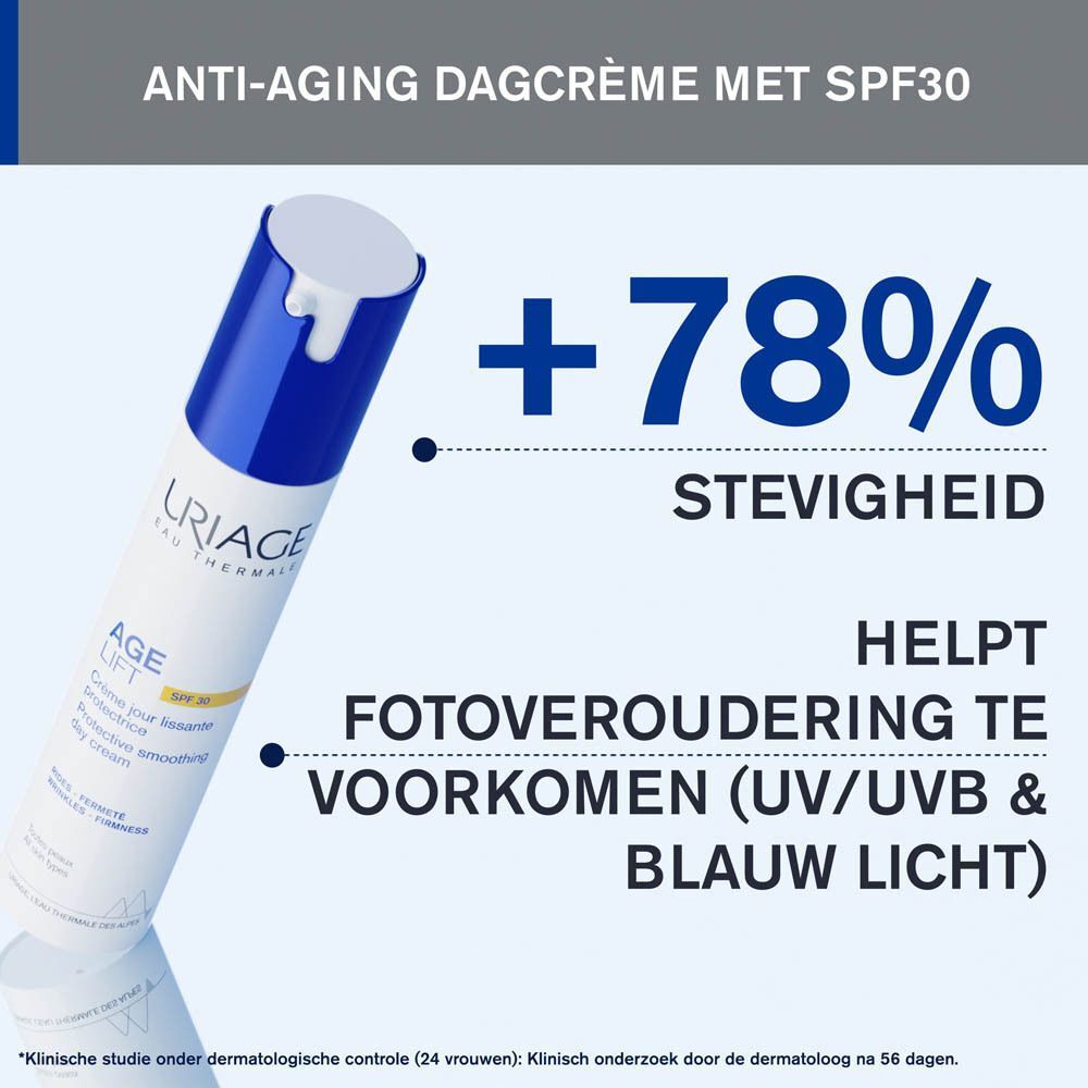 Uriage Age Lift dagcrème met SPF30. Tekst: +78% stevigheid, helpt fotoveroudering te voorkomen.