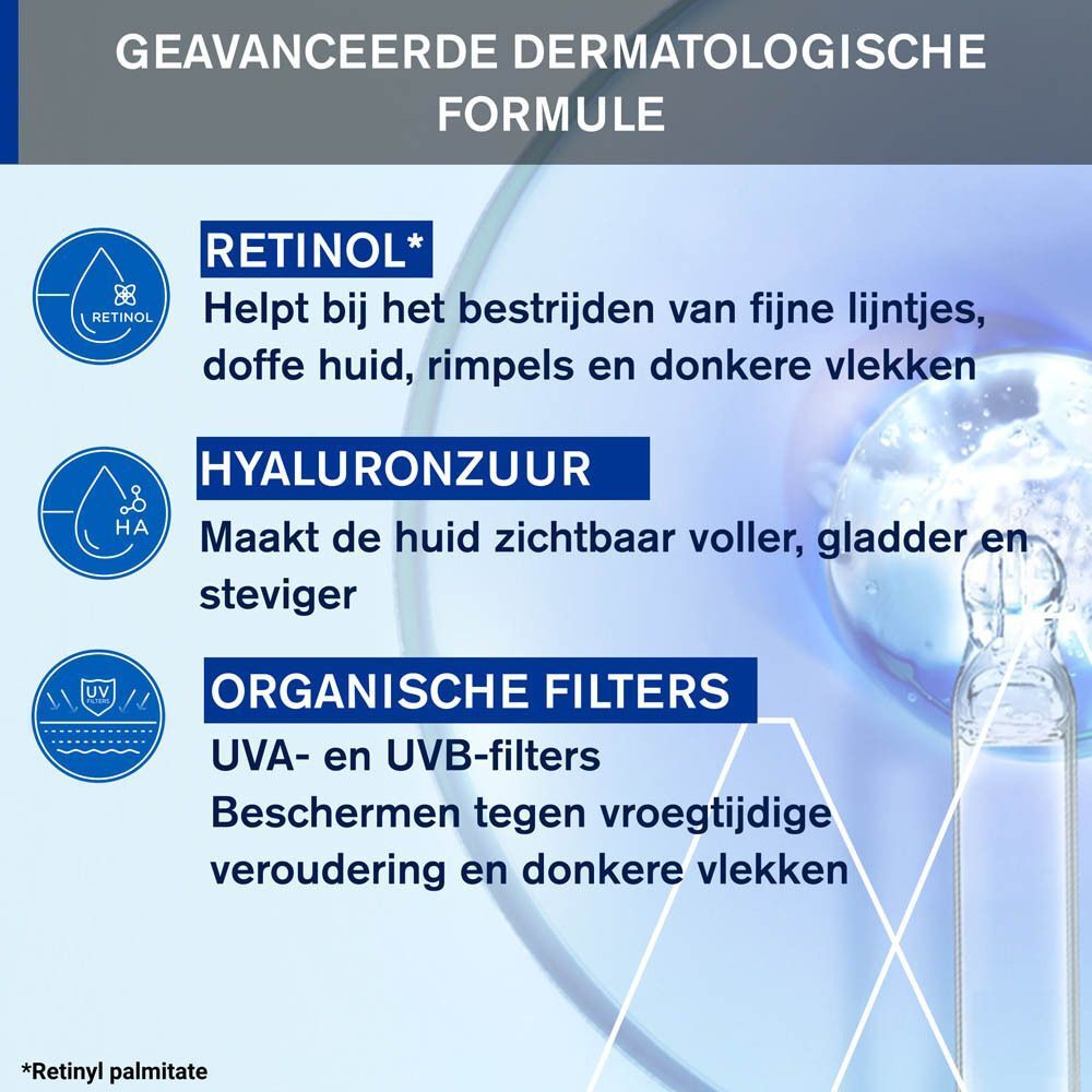 Ingrediënten: Retinol, hyaluronzuur, organische filters. Beschermt tegen UV-stralen.