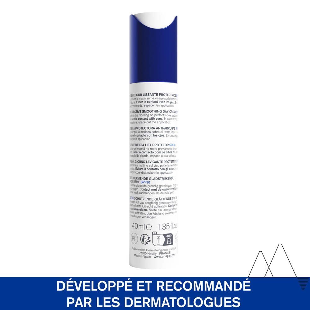 Dos de la crème de jour Uriage Age Lift. Texte : 40ml, SPF30, développé par des dermatologues.