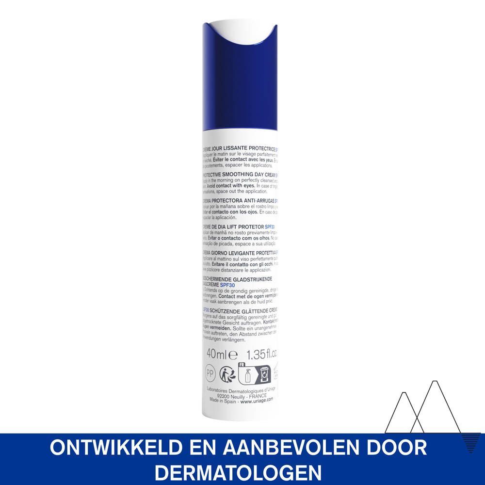 Achterkant van Uriage Age Lift dagcrème. Tekst: 40ml, SPF30, ontwikkeld door dermatologen.