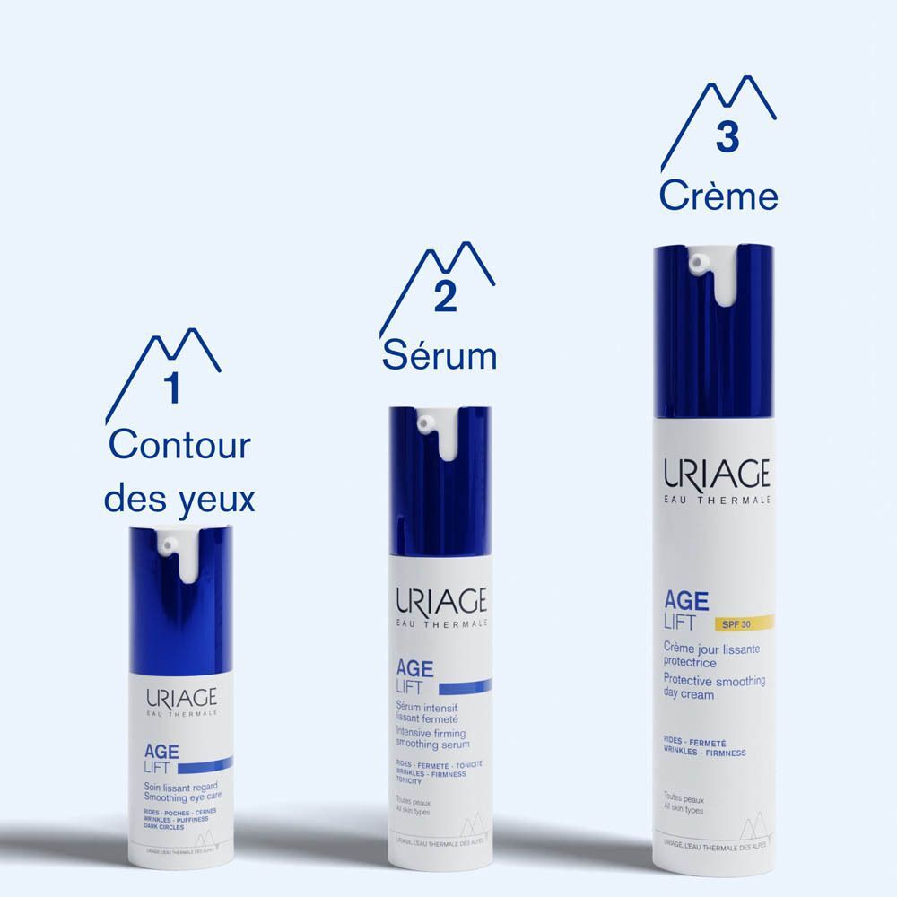 Trois produits Uriage : contour des yeux, sérum, crème de jour. Flacons bleus, étiquettes blanches.