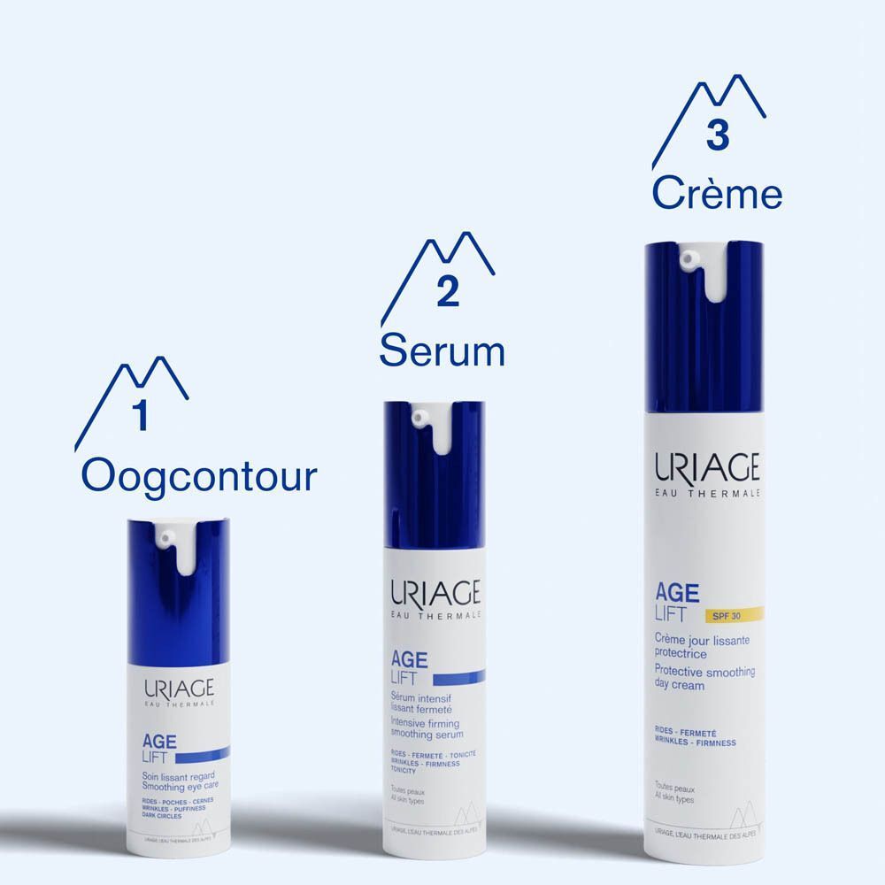 Drie Uriage producten: oogcontour, serum, dagcrème. Blauwe flessen, witte etiketten.