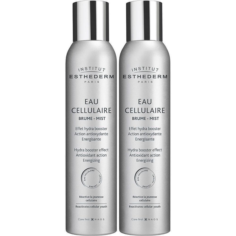 Twee zilveren spuitflessen. Opschrift: Institut Esthederm Eau Cellulaire Brume-Mist. Hydra-Booster, Antioxidant action, Energizing.