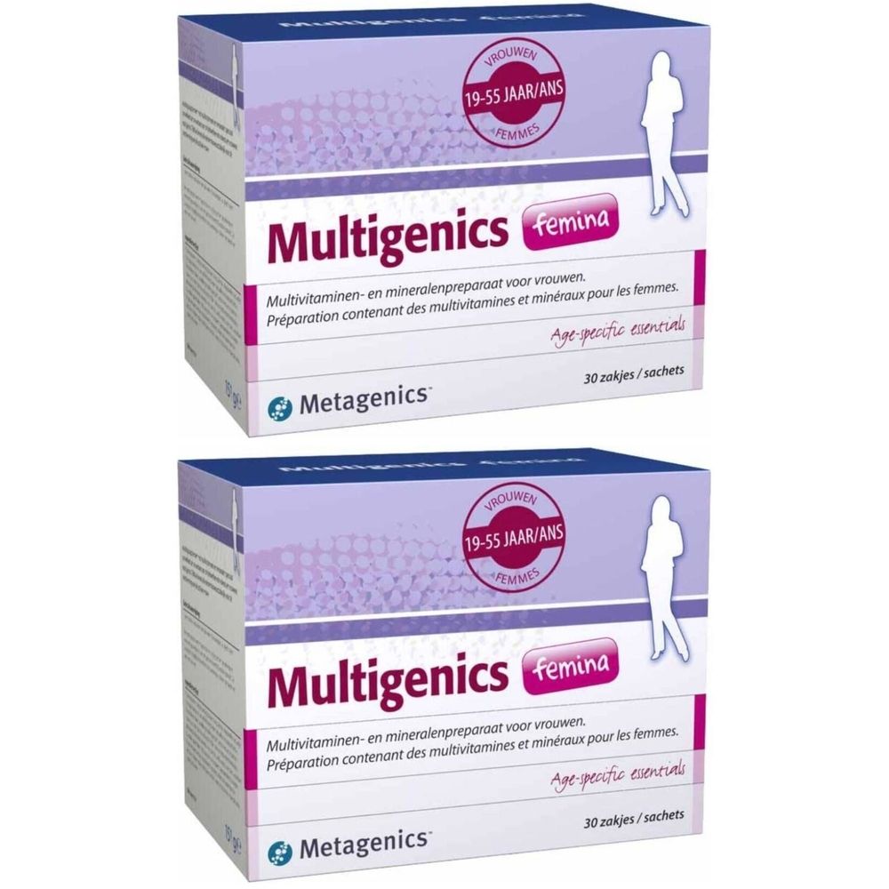 Twee dozen Multigenics Femina. Opschrift: multivitaminen en mineralen voor vrouwen. Leeftijd 19-55 jaar. 30 zakjes.