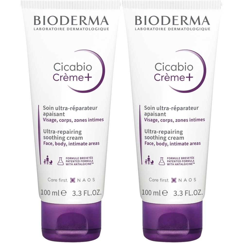 Deux tubes de crème. Inscription: BIODERMA, Cicabio Crème+, Soin ultra-réparateur apaisant. Crème blanche, bouchon violet.