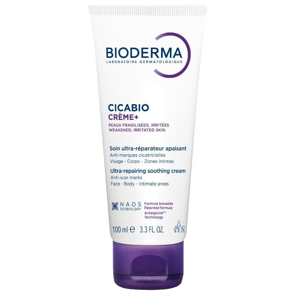 Deux tubes de crème. Inscription: BIODERMA, Cicabio Crème+, Soin ultra-réparateur apaisant. Fond blanc.