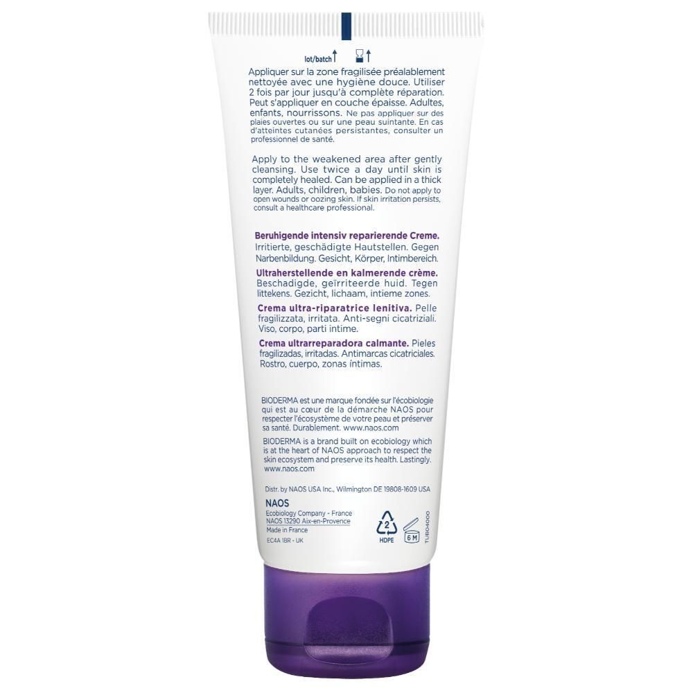 Tube de crème. Inscription: BIODERMA, Cicabio Crème+, Soin ultra-réparateur apaisant. Blanc, bouchon violet.