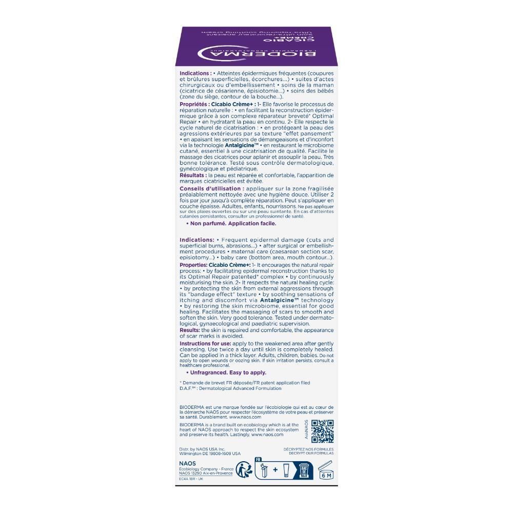 Boîte. Inscription: BIODERMA, Cicabio Crème+, Soin ultra-réparateur apaisant. Couvercle violet.