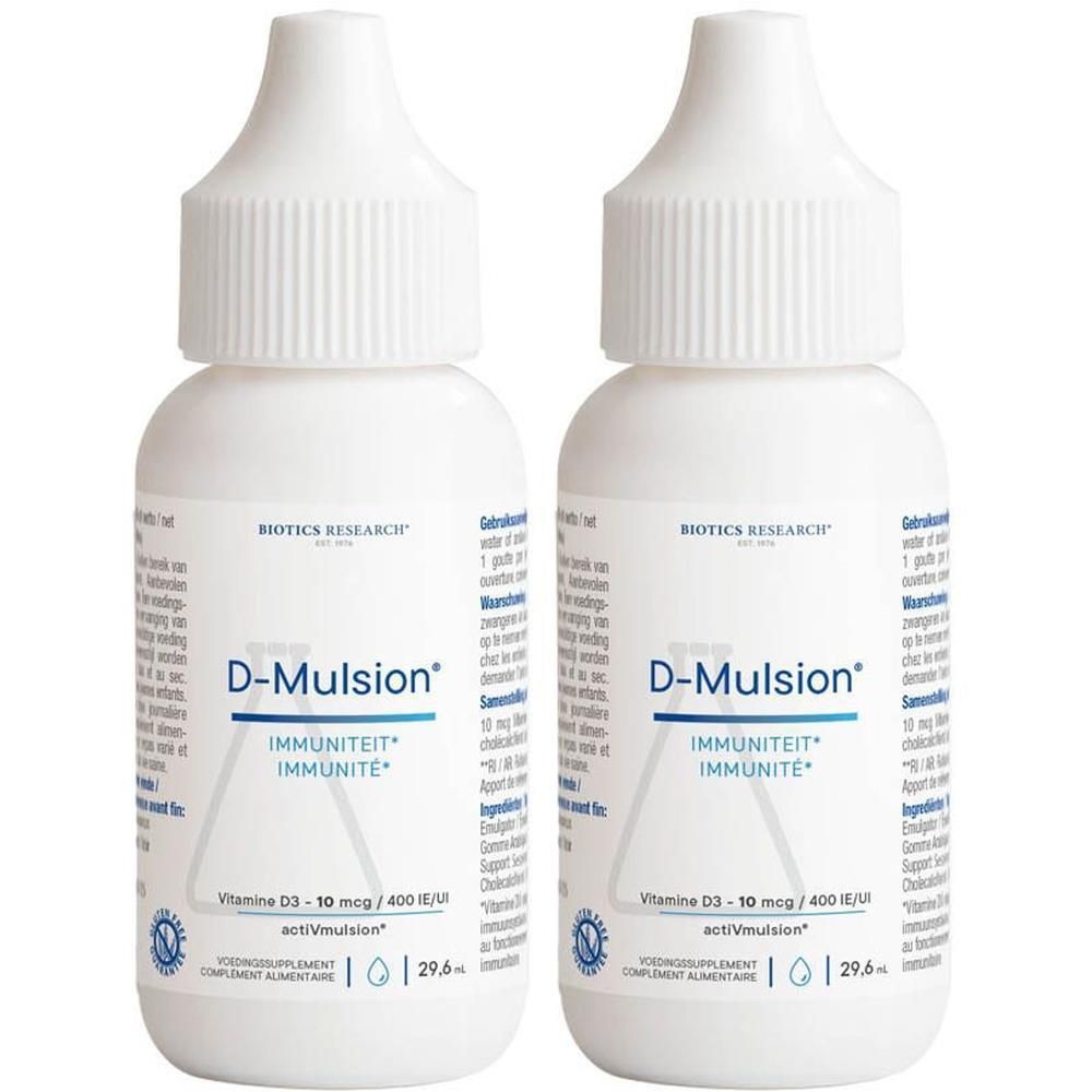 Twee flacons D-Mulsion Vitamine D3 druppels, 29.6 ml.