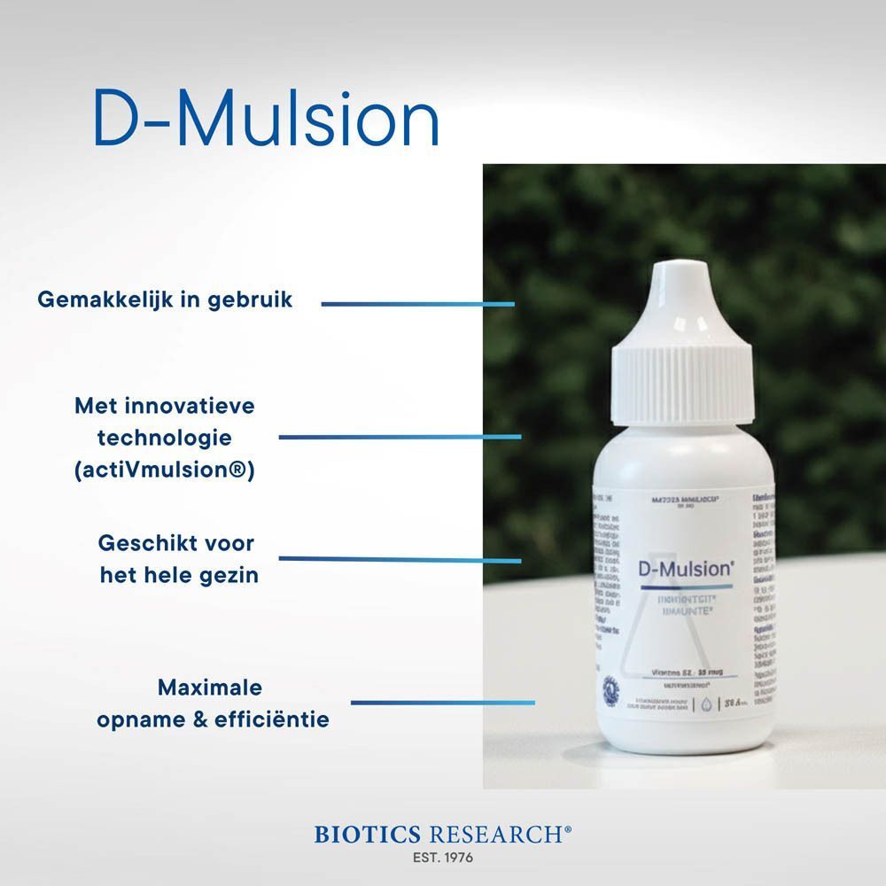 D-Mulsion: Langdurig, druppelvorm, maximale opname, dagelijks gebruik, ondersteunt immuunsysteem.