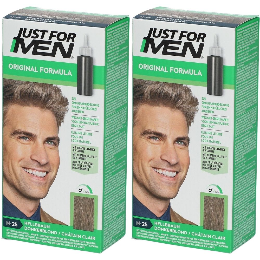 Twee dozen haarverf. Opschrift: JUST FOR MEN, Original Formula. Tint: Lichtbruin/Châtain Clair. Afgebeeld is een man met lichtbruin haar.