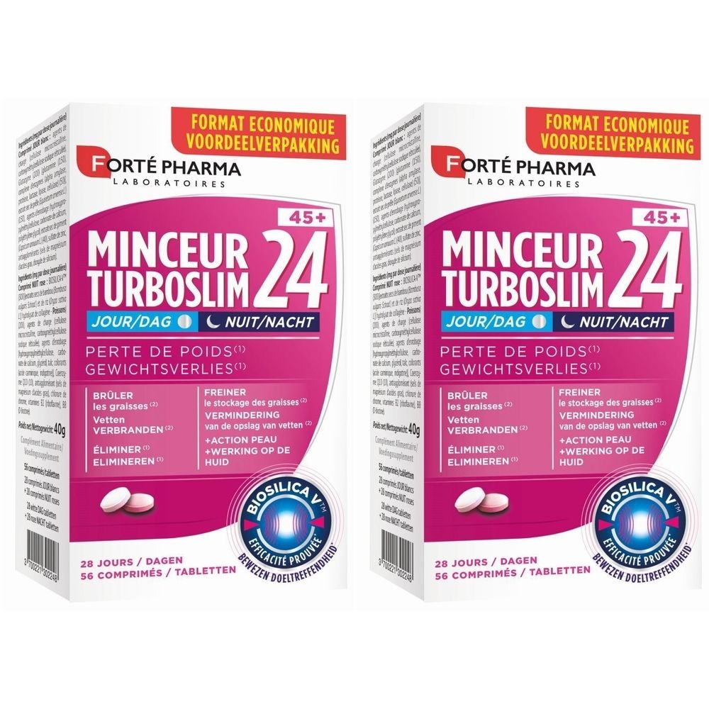 Twee dozen Forté Pharma Minceur Turboslim 24. Roze en witte verpakking met informatie en tabletten.