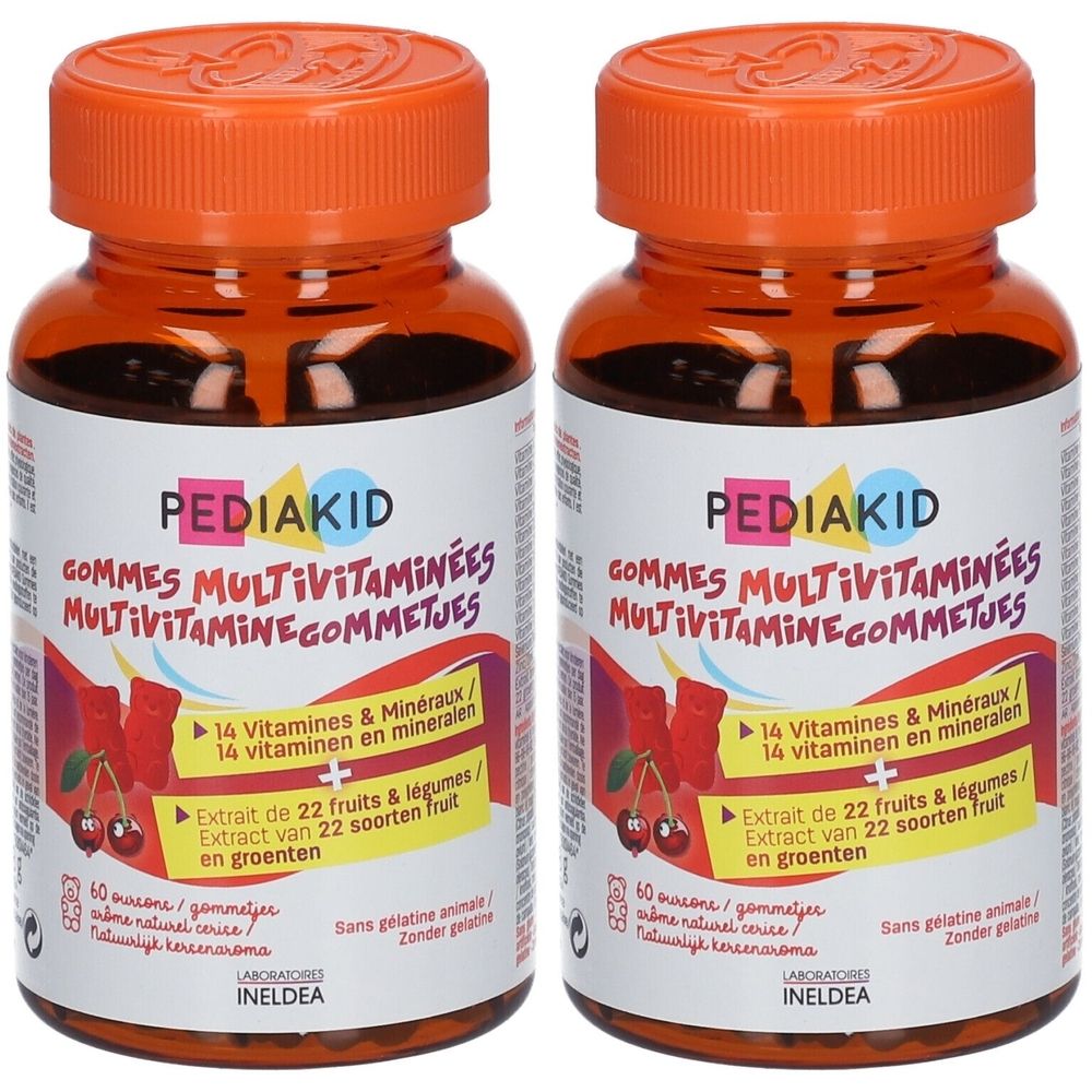 Twee flessen met oranje doppen. Op het etiket staat PEDIAKID Gommes Multivitaminées. Bevat 14 vitamines en mineralen.