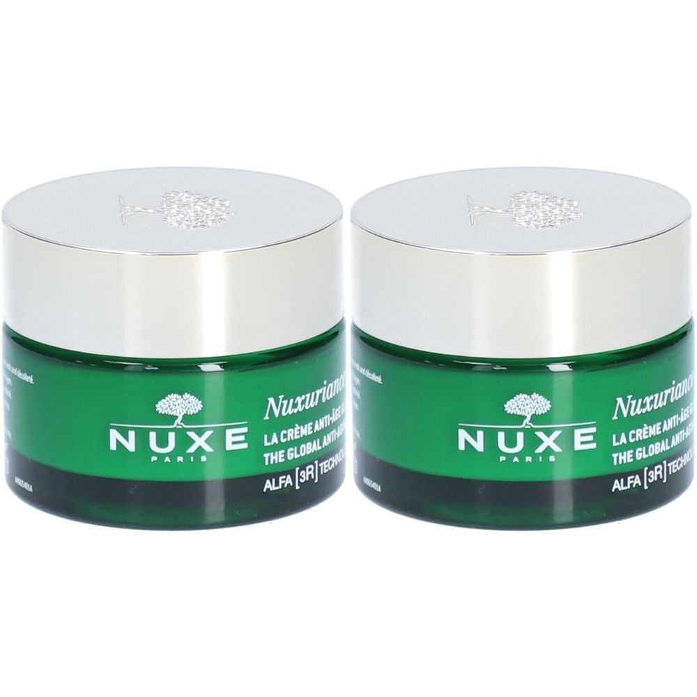 Twee groene crèmepotten met zilveren deksels. Opschrift: NUXE Paris, Nuxuriance Ultra, La Crème Anti-Âge Global.
