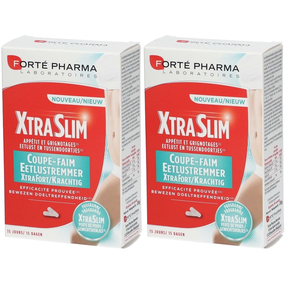 Twee dozen Forté Pharma Xtra Slim. Rode en witte verpakking met productnaam en logo. Tekst in het Duits, Frans en Nederlands.