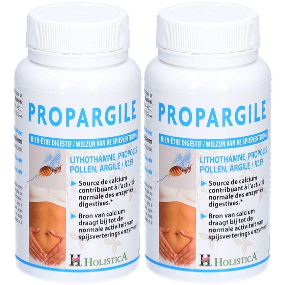 Twee witte potjes met "PROPARGILE BIEN-ÊTRE DIGESTIF / WELZUN VAN DE SPUSVERTERING" en "HOLISTICA".