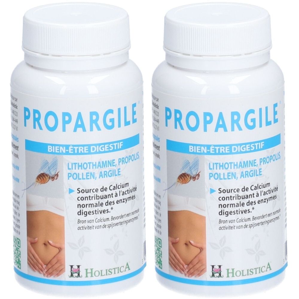 Twee witte potjes met "PROPARGILE BIEN-ÊTRE DIGESTIF" en "HOLISTICA".