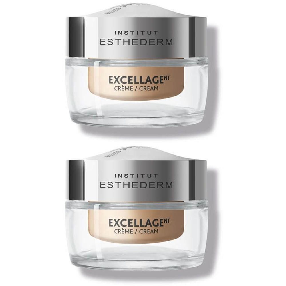 Twee potten INSTITUT ESTHEDERM Excellage Crème. Transparante potten met zilveren deksels. Tekst: Crème/Cream.