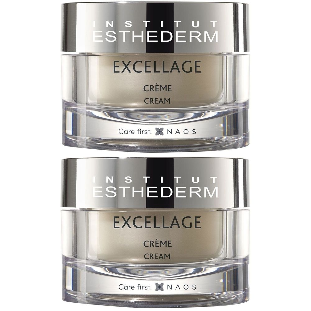 Twee potten INSTITUT ESTHEDERM Excellage Crème. Transparante glazen potten met zilveren deksels. Tekst: Care first. NAOS.