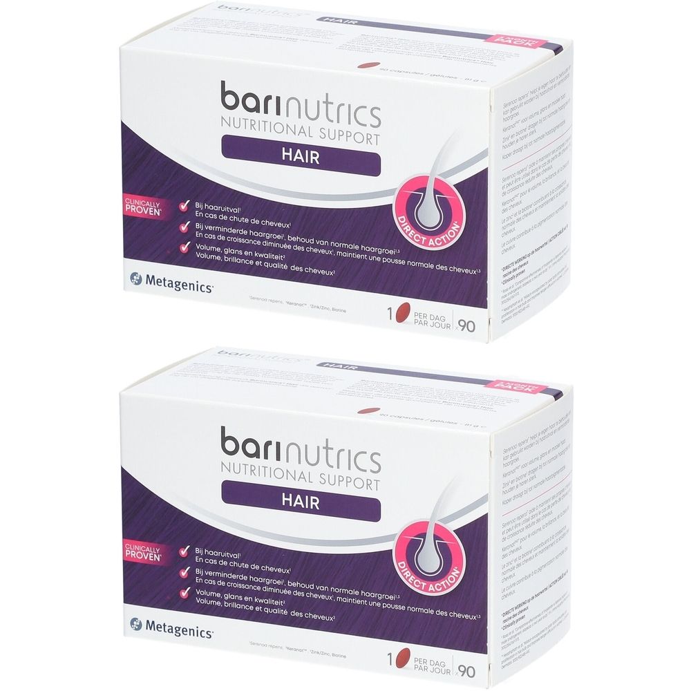 Twee witte dozen met "barinutrics HAIR". Opschriften: "NUTRITIONAL SUPPORT", "DIRECT ACTION" en "Metagenics".
