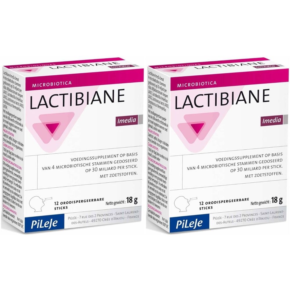 Twee dozen LACTIBIANE Imedia. Wit, roze en paars. Opschrift: 12 sticks, 18g. Bevat 4 microbiotische stammen, 30 miljard per stick.