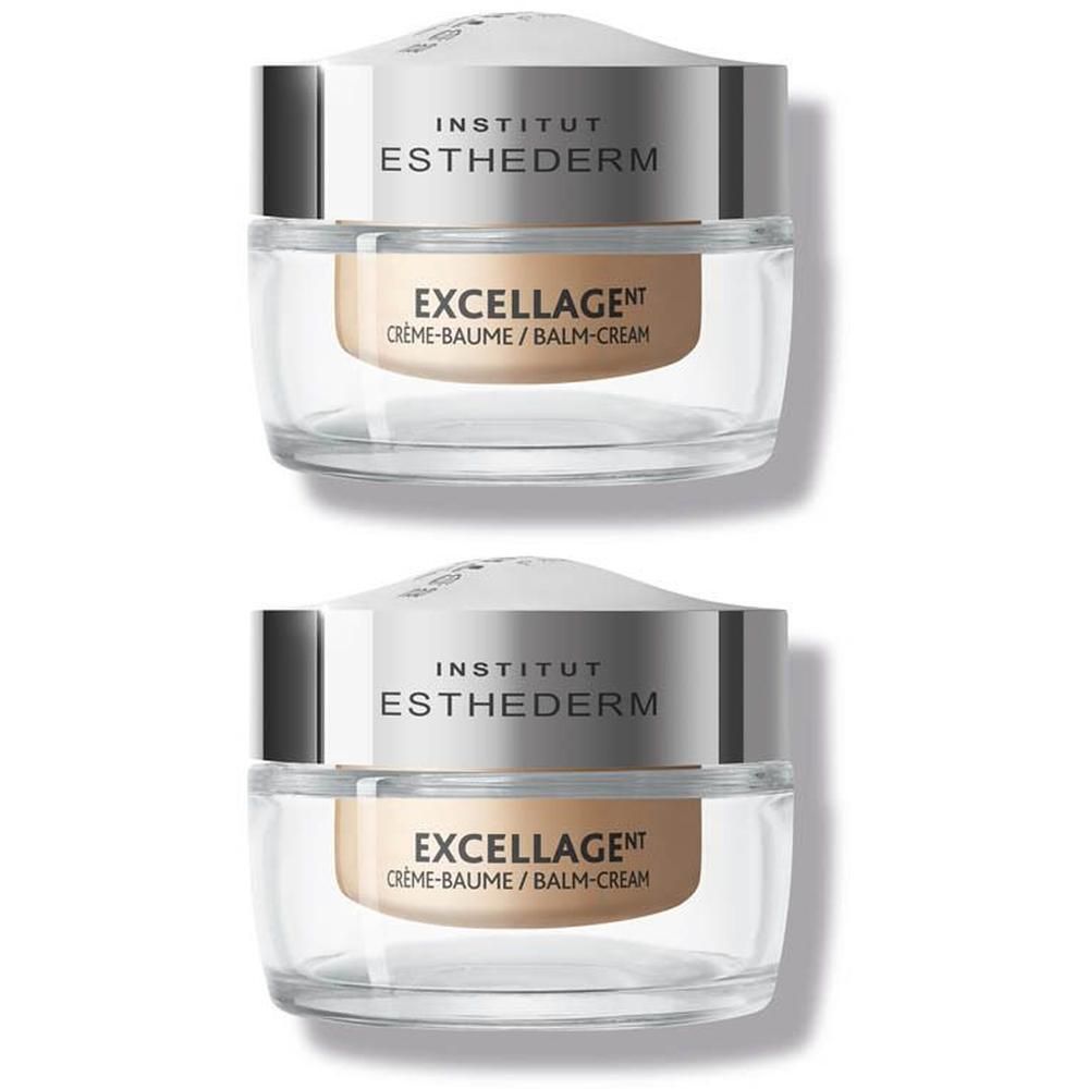 Twee potten Excellage Crème-Baume van INSTITUT ESTHEDERM. Glazen potten met zilverkleurige deksel. Productnaam en merk zichtbaar.