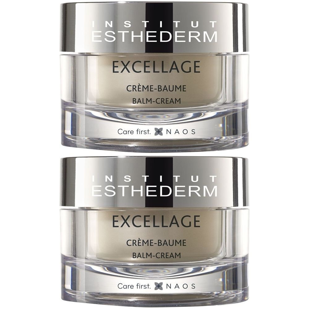 Twee potten Excellage Crème-Baume van INSTITUT ESTHEDERM. Glazen potten met zilverkleurige deksel. Productnaam en merk zichtbaar.