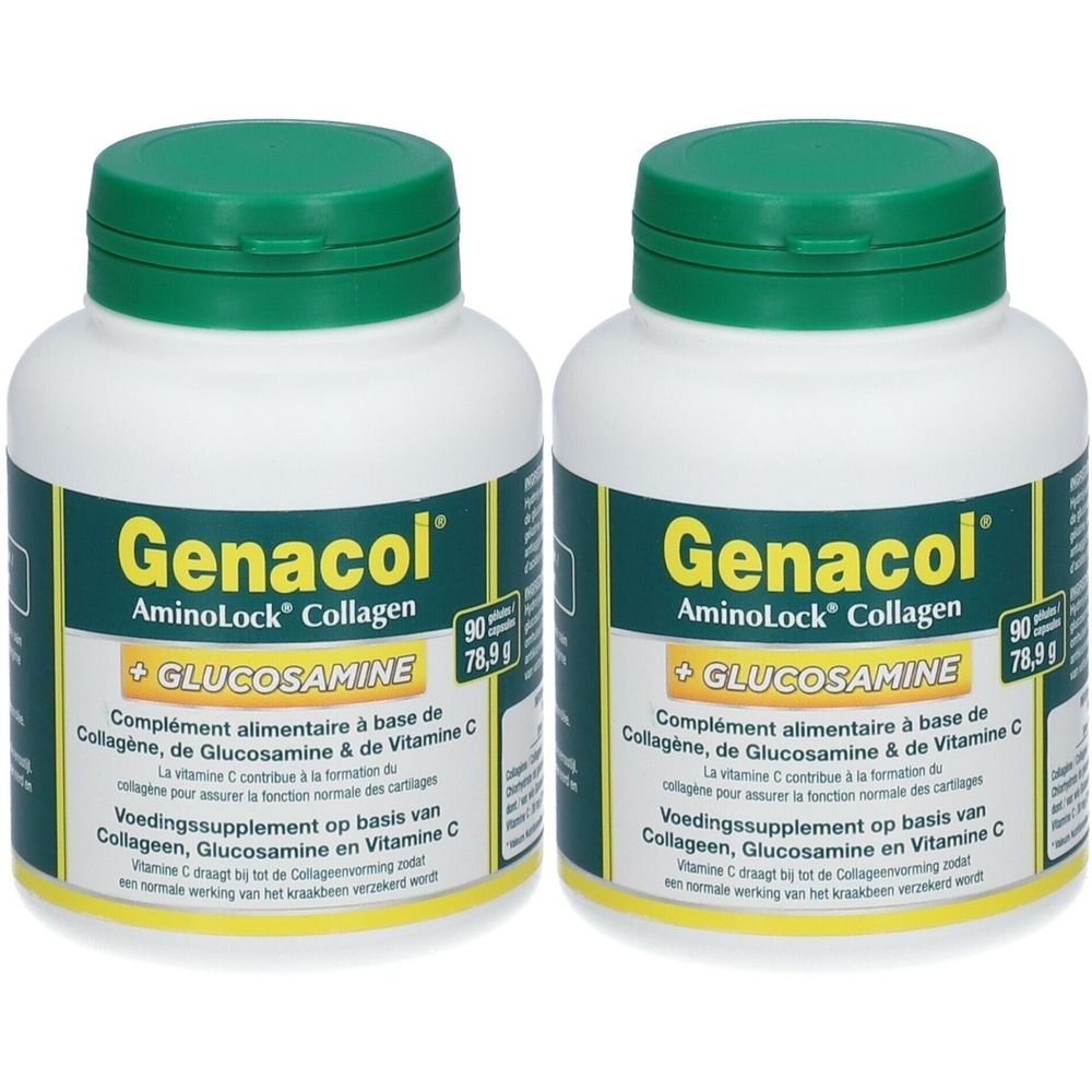 Twee witte flessen met groene deksels. Opschrift: Genacol, AminoLock Collagen, Glucosamine. Bevat 90 capsules.