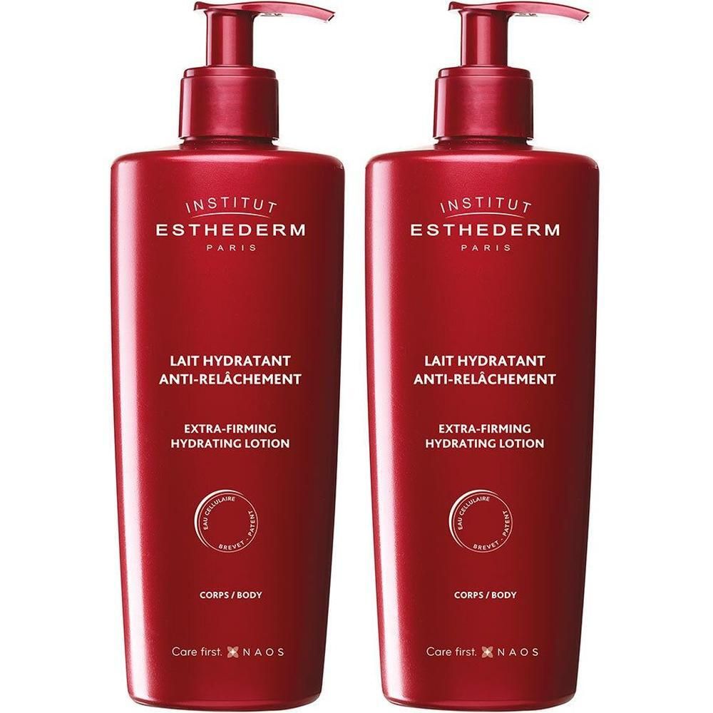 Twee rode flessen INSTITUT ESTHEDERM Lait Hydratant Anti-Relachement. Met pomp en tekst. Extra-Firming Hydrating Lotion.
