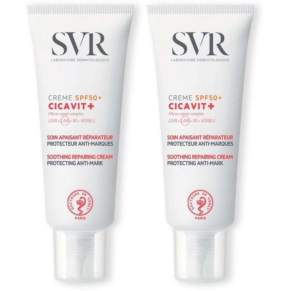 Deux tubes de SVR Cicavit+ Crème SPF50. Tubes blancs avec texte rouge et noir. Nom du produit et logo clairement visibles.