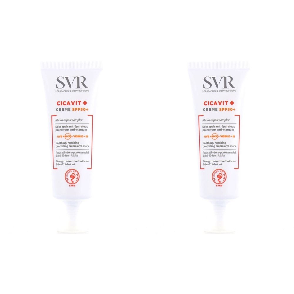 Deux tubes de SVR Cicavit+ Crème SPF50. Tubes blancs avec texte rouge et noir. Nom du produit et logo clairement visibles.